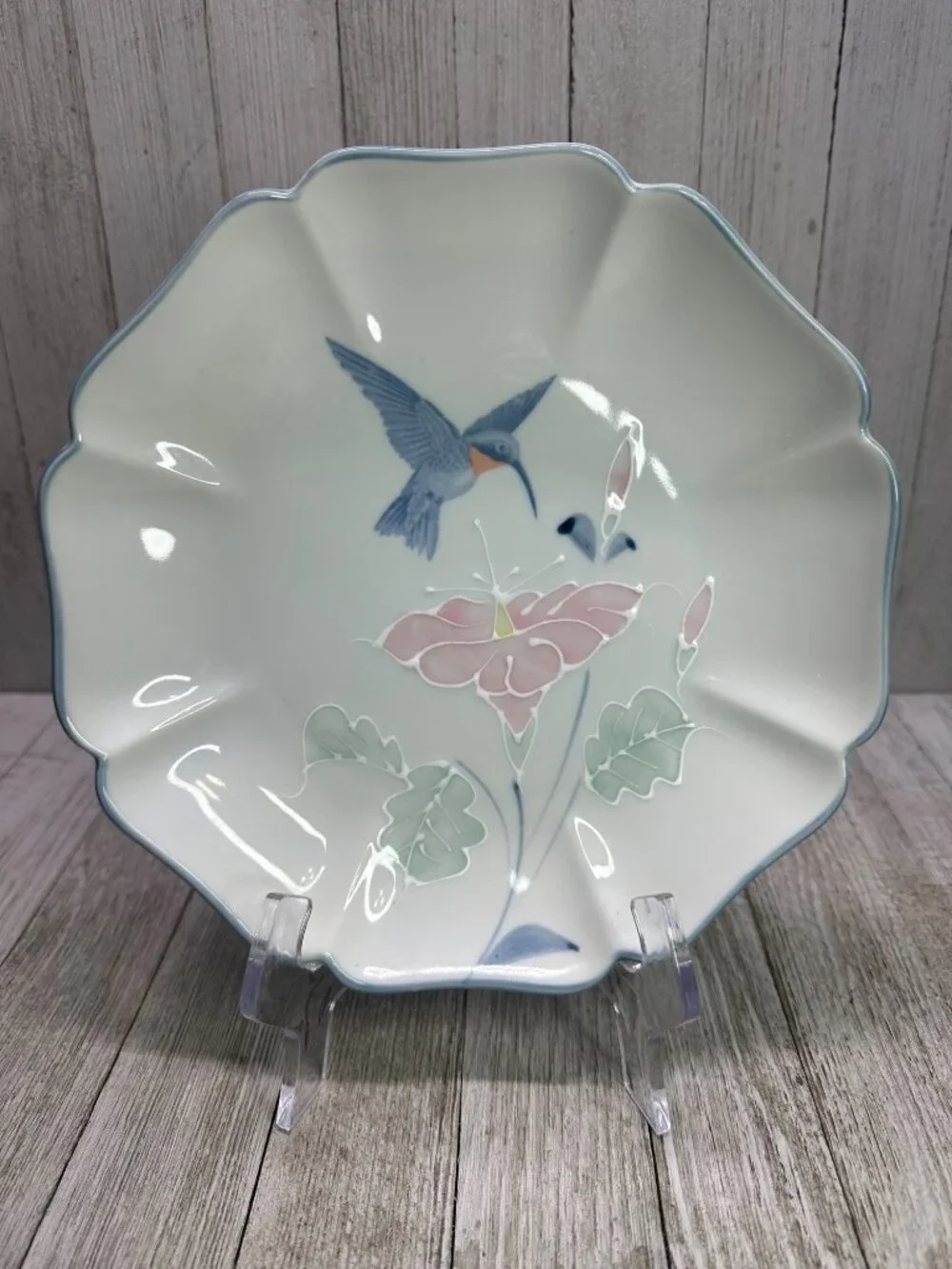 Vtg Otagiri Plate Octagonal Lotus & Hummingbird Design Blue Trim 8.5'' Japan